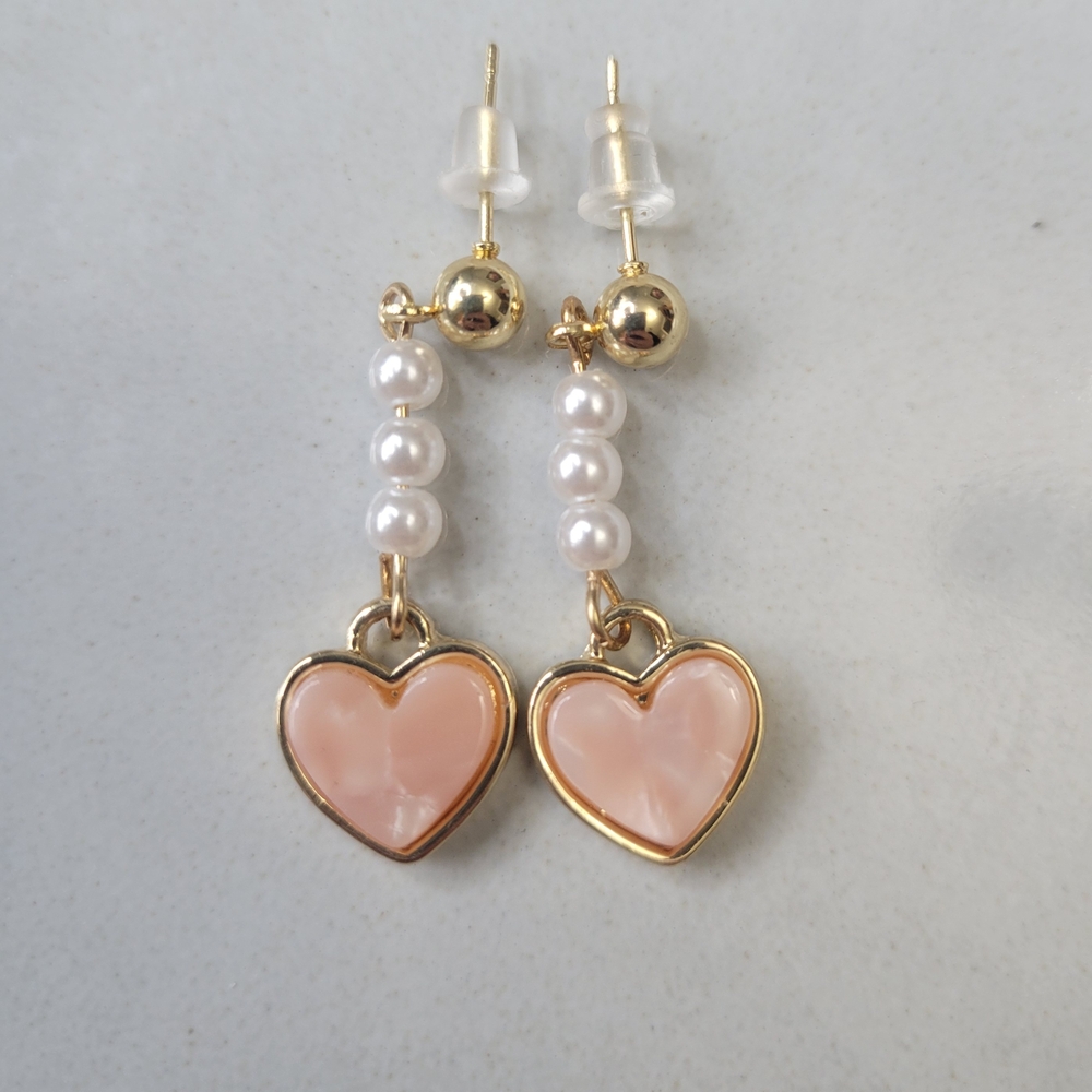 Gold and Pink Heart Pearl Earrings